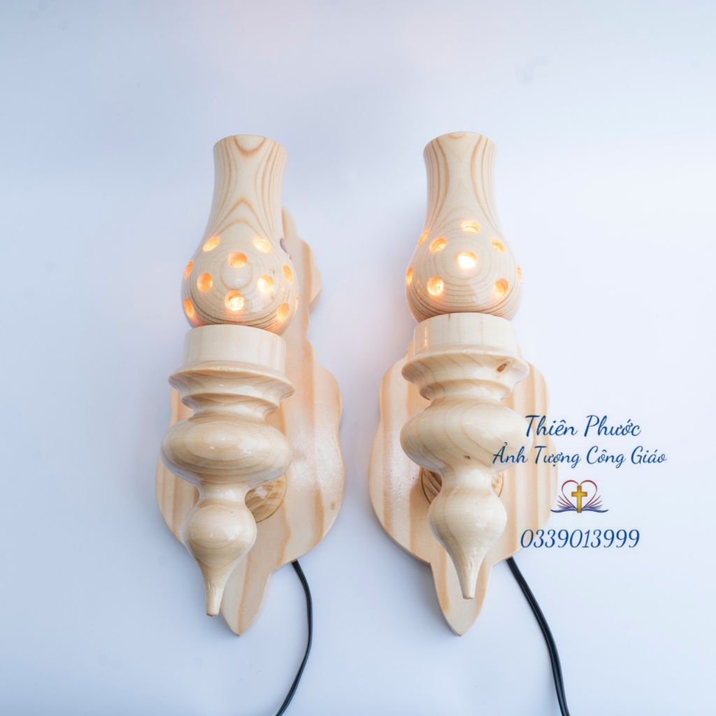 2 CÂY ĐÈN THỜ GỖ TREO TƯỜNG LỖ TRÒN CAO CẤP ( MÀU KEM )
