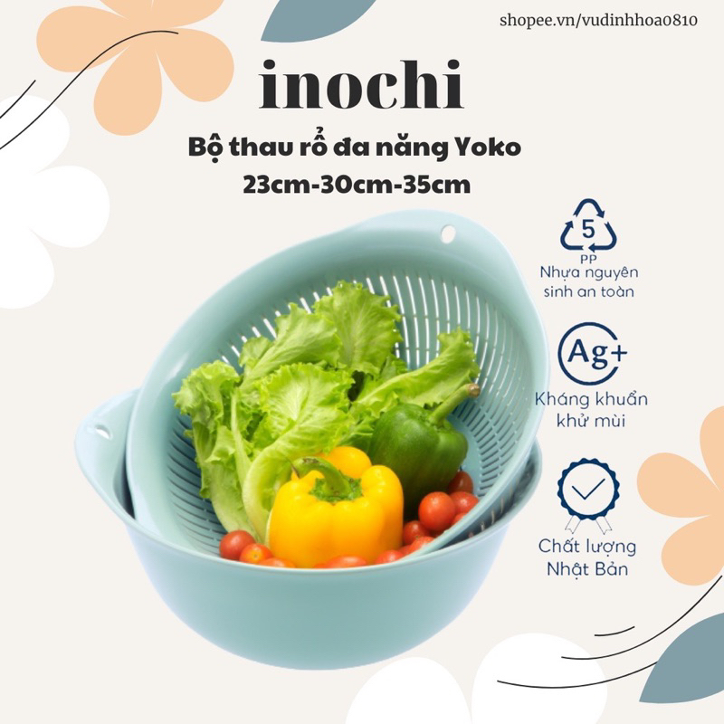 Bộ thau rổ cao cấp Inochi Yoko (size 23-30-35cm) - Công nghệ ion Ag+ giúp kháng khuẩn khử mùi