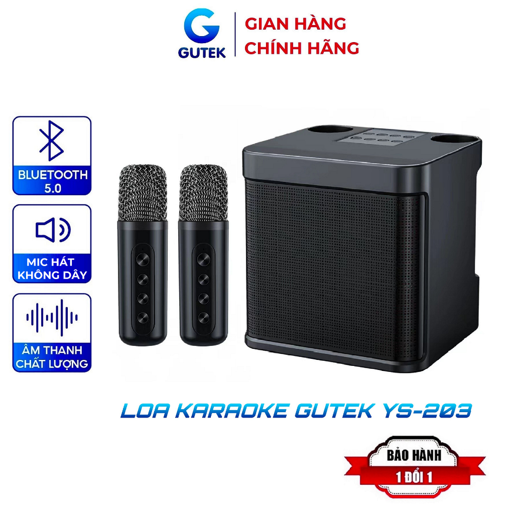 Loa Karaoke Bluetooth Kèm 2 Micro Không Dây Gutek YS-203 Âm Thanh Hay Siêu Trầm Công Suất Lớn Nhỏ Gọn Tiện Lợi