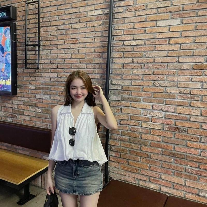Áo ba lỗ cổ bẻ dáng croptop trước bo chun bồng, Áo sơ mi đũi lụa tay dài dáng croptop nhún gấu