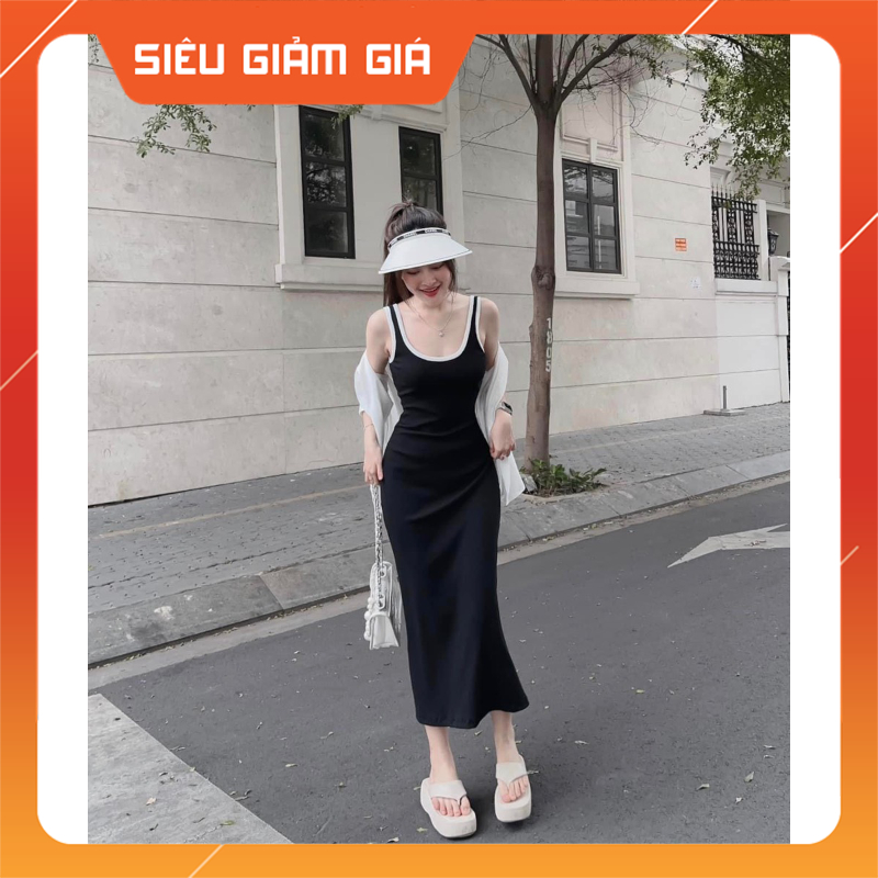 Set Đầm Maxi 2 Dây Ôm Body Đen Mix Áo Khoác Sơ Mi Đi Biển V4061 - Teen888
