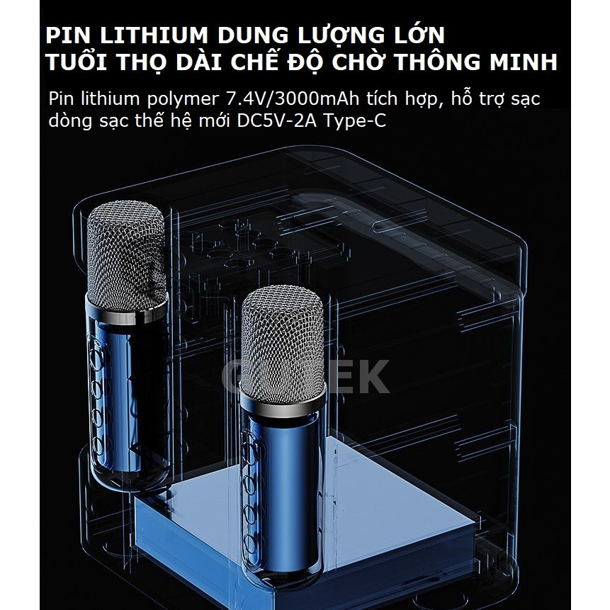 Loa Karaoke Bluetooth Kèm 2 Micro Không Dây Gutek YS-203 Âm Thanh Hay Siêu Trầm Công Suất Lớn Nhỏ Gọn Tiện Lợi