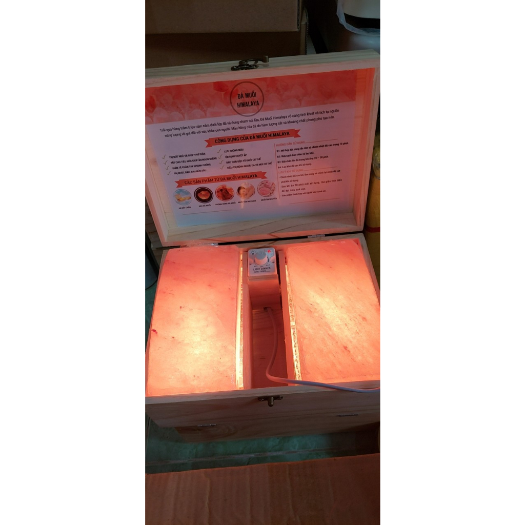 Hộp muối xông chân himalaya, nguyên hộp, kèm đầy đủ phụ kiện, loại 2 viên đá cong 20cm*10cm*5cm, hộp gỗ thông.