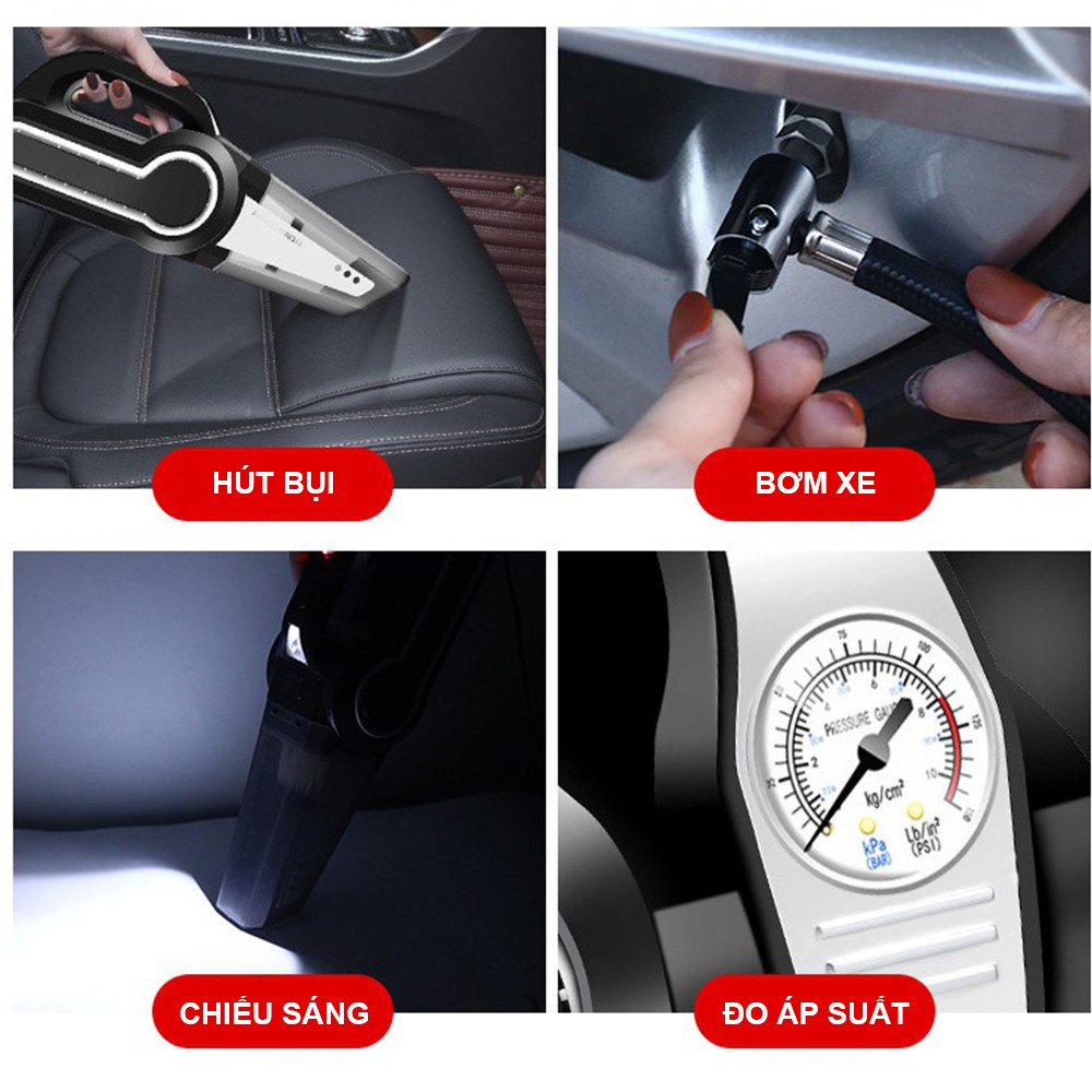 Máy Hút Bụi Oto Đa Năng, Sử Dụng Cho Gia Đình, Trên Xe Oto, Lực Hút Khỏe, Bơm Hơi Kiểm Tra Áp Suất Lốp, Bảo Hành 12T