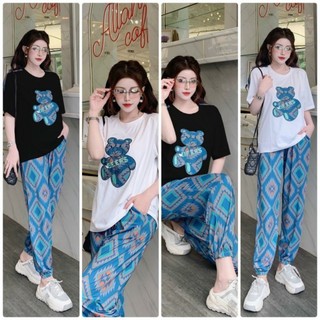 Set bộ dài form rộng áo thun cotton logo thêu phối quần thun lạnh in 3d