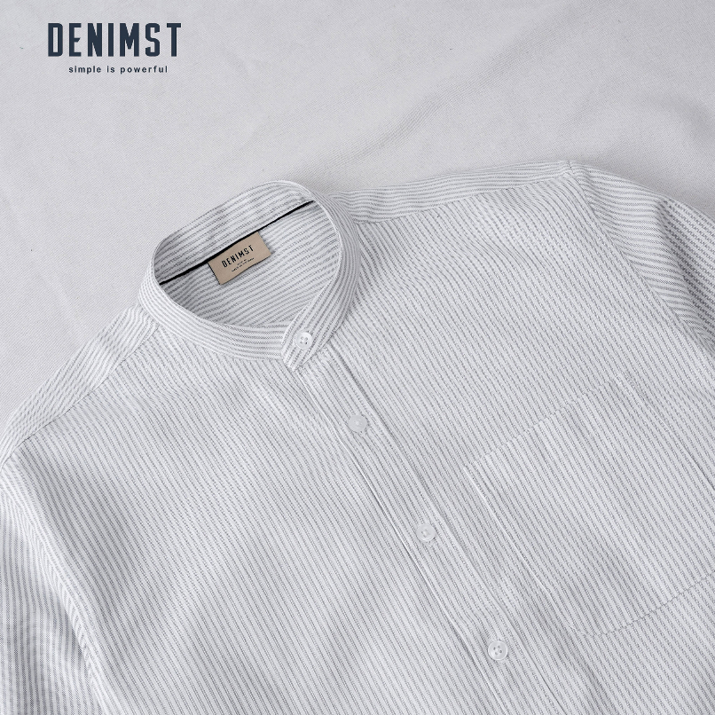 Áo sơ mi nam cổ trụ DENIMST 355, chất liệu cotton oxford, màu kẻ ghi trẻ trung thanh lịch, phong cách Hàn Quốc