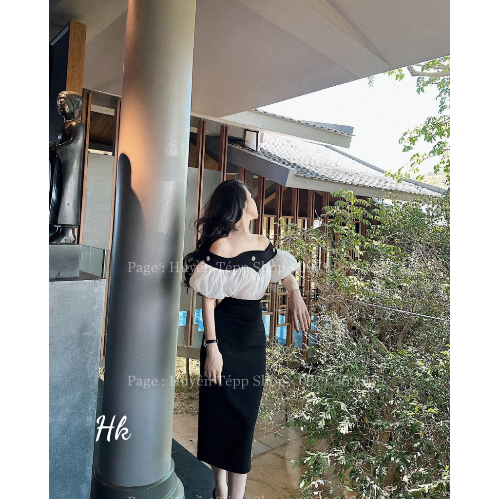 Sec áo trễ vai bồng bềnh và chân váy zip dài dành cho nữ phù hợp nhiều dịp đi chơi - Thời Trang Bảo Trang - Hk6.40