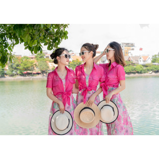 Đầm hoa SEFA kèm áo khoác chất liệu lụa tơ cao cấp, đầm đi biển đầm voan hoa áo sơ mi cổ đức khoác