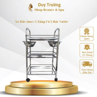 Xe đẩy inox 3 tầng spa có bát nước, xe đẩy inox đựng dụng cụ spa - thẩm mỹ - phun xăm thẩm mỹ.