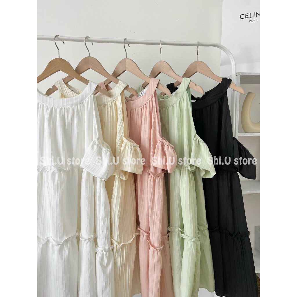 Váy babydoll cổ yếm tay rơi xòe tầng chất đũi gân 2 lớp ulzzang siêu xinh