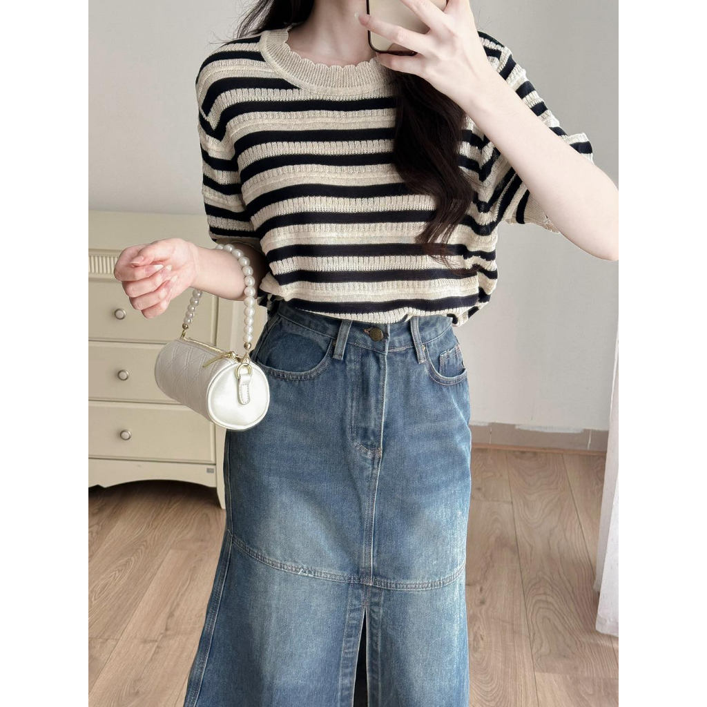 MYAN DESIGN Áo Len Tăm Cộc Tay Basic Kẻ Ngang Viền Cắt Chất Len Hè Mát Mềm Mịn Co Dãn Tốt Dễ Phối Đồ Freesize A062301