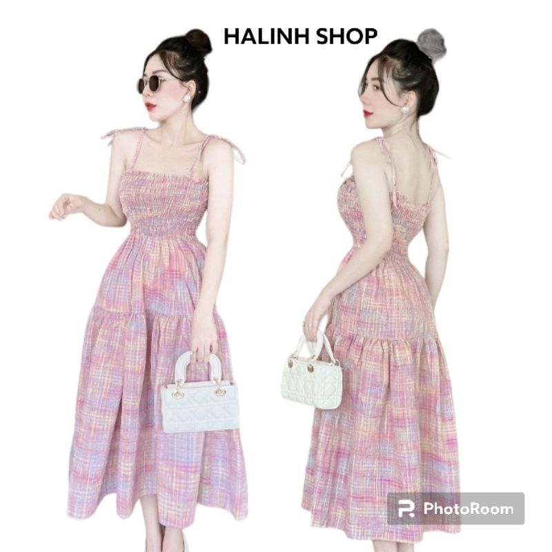 Váy Đầm Nữ Maxi 2 Dây Hồng Loang Chun Ngực -Halinh Shop- Váy Đầm Nữ 2 Dây Size S M