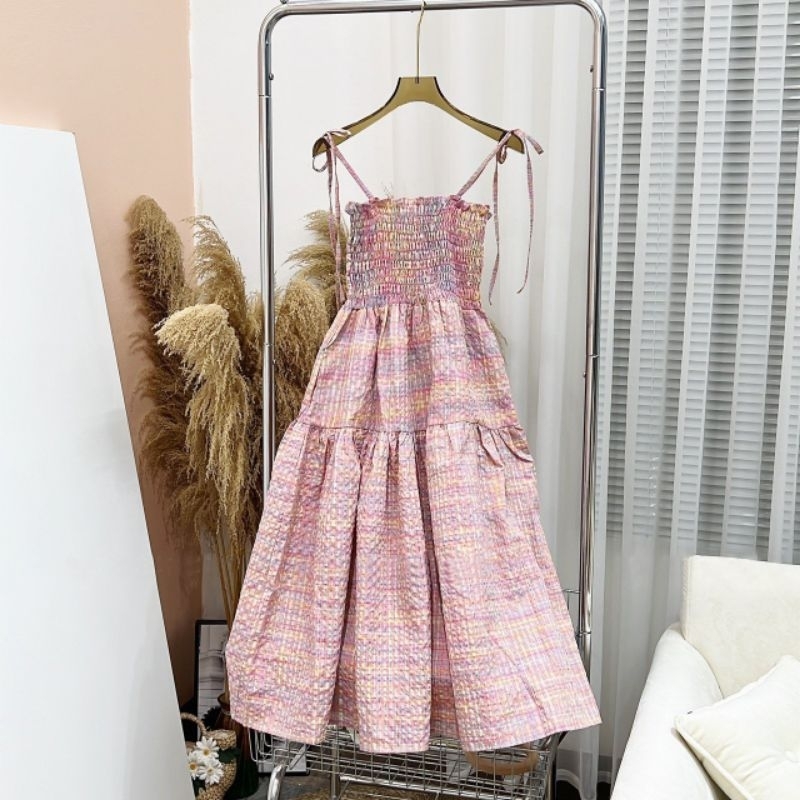 Váy Đầm Nữ Maxi 2 Dây Hồng Loang Chun Ngực -Halinh Shop- Váy Đầm Nữ 2 Dây Size S M
