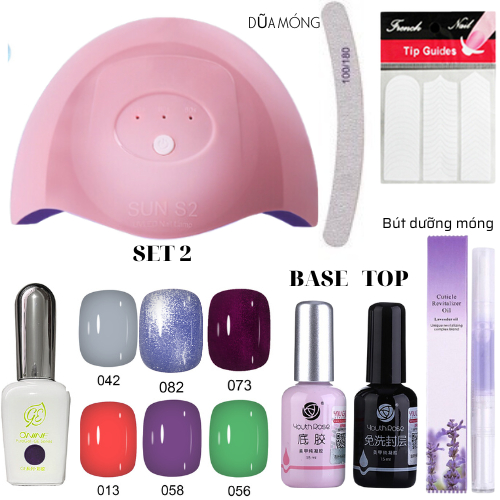 COMBO 6 màu sơn gel Onine + máy hơ S2+ bút dưỡng viền móng base top hoa hồng dũa OPI loại tốt làm nail tại nhà mini