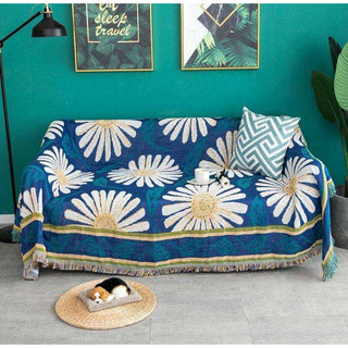Khăn thảm phủ sofa, thảm sofa cao cấp, khăn sofa, thảm vintage mẫu hoa cúc trắng cao cấp dùng được 2 mặt