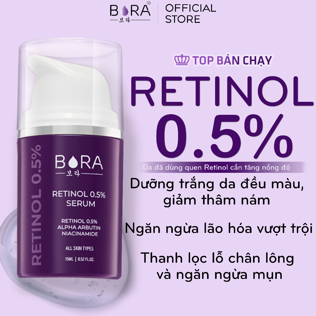 COMBO 2 Serum Retinol BORA 0.5% Dưỡng Trắng Da Ngừa Lão Hóa Mờ Nếp Nhăn Da Săn Chắc Chai 15ml