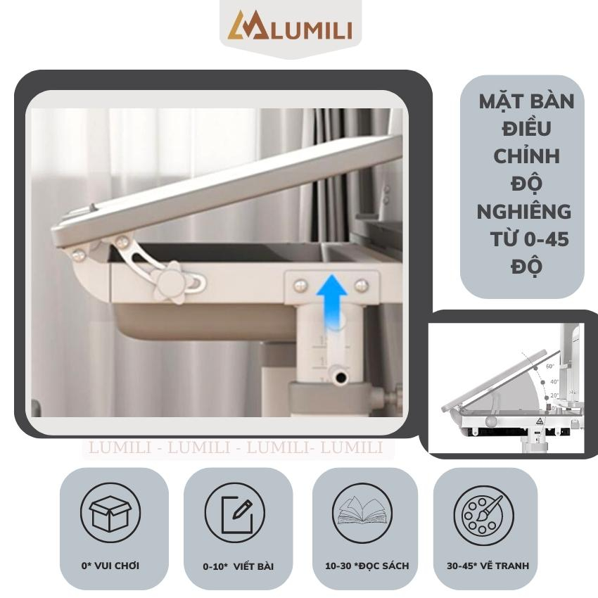 Bộ bàn học chống gù chống cận trẻ em thông minh ,bàn có giá sách nâng hạ độ cao size 80cm cho bé lumili A16 mới