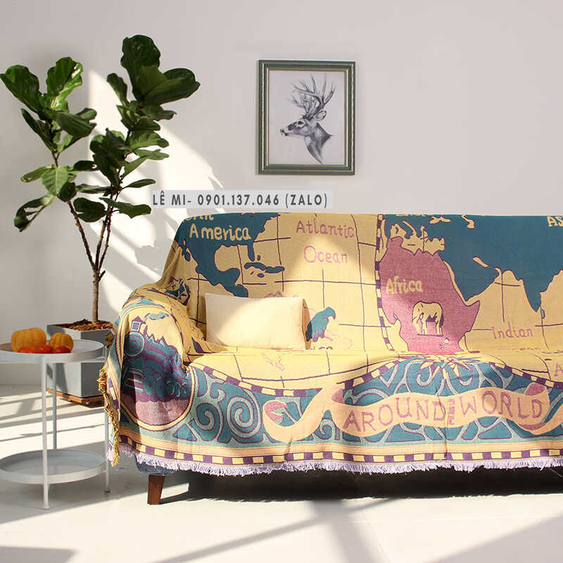 Khăn phủ sofa thảm vintage thảm decor khăn sofa thảm sofa cao cấp mẫu bản đồ khăn sofa cotton sử dụng 2 mặt
