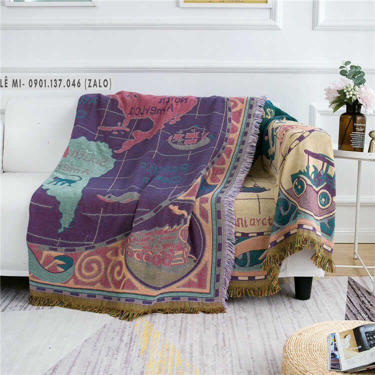 Khăn phủ sofa thảm vintage thảm decor khăn sofa thảm sofa cao cấp mẫu bản đồ khăn sofa cotton sử dụng 2 mặt
