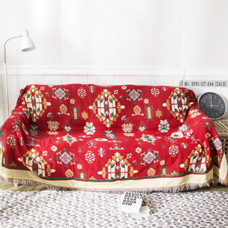 Thảm phủ sofa khăn sofa thảm vintage khăn sofa thảm vintage khăn sofa cotton dệt họa tiết 2 mặt đỏ vàg thổ cẩm