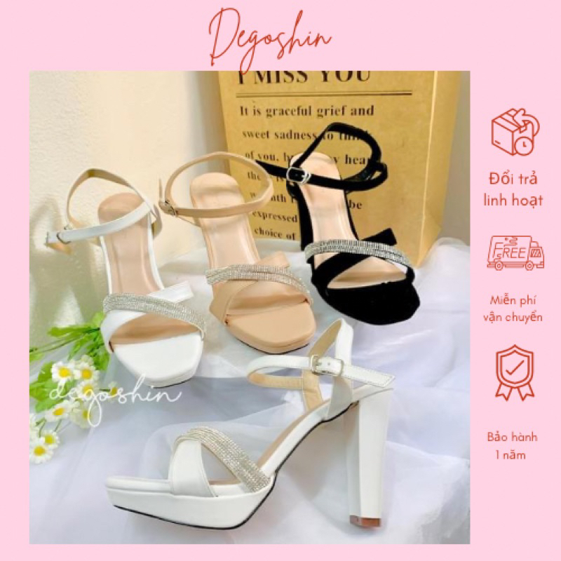 Giày sandal cao gót 10cm quai chéo phối dây đá sang trọng - Degoshin