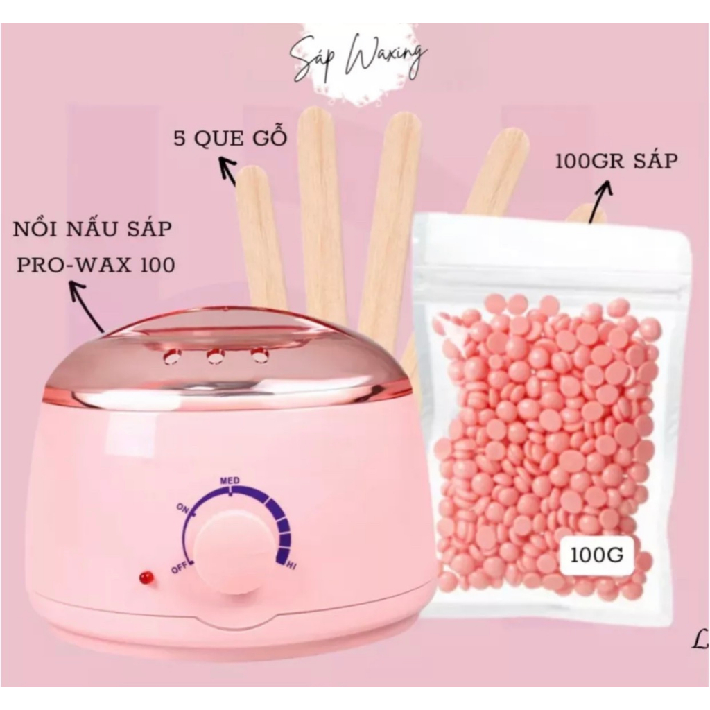 Combo Nồi Nấu Sáp Wax Lông Pro Wax 100 + 100gr Sáp Cao Cấp Tặng Kèm 5 Que Gỗ