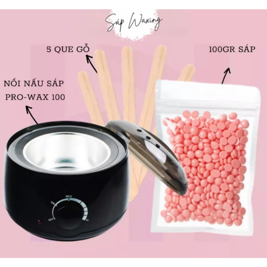 Combo Nồi Nấu Sáp Wax Lông Pro Wax 100 + 100gr Sáp Cao Cấp Tặng Kèm 5 Que Gỗ