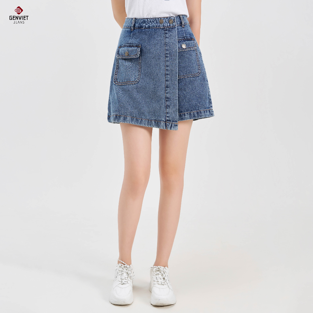 Quần short jean giả váy dáng chữ A vải demin dày dặn đơn giản cho nữ TQ428J8243, GENVIET