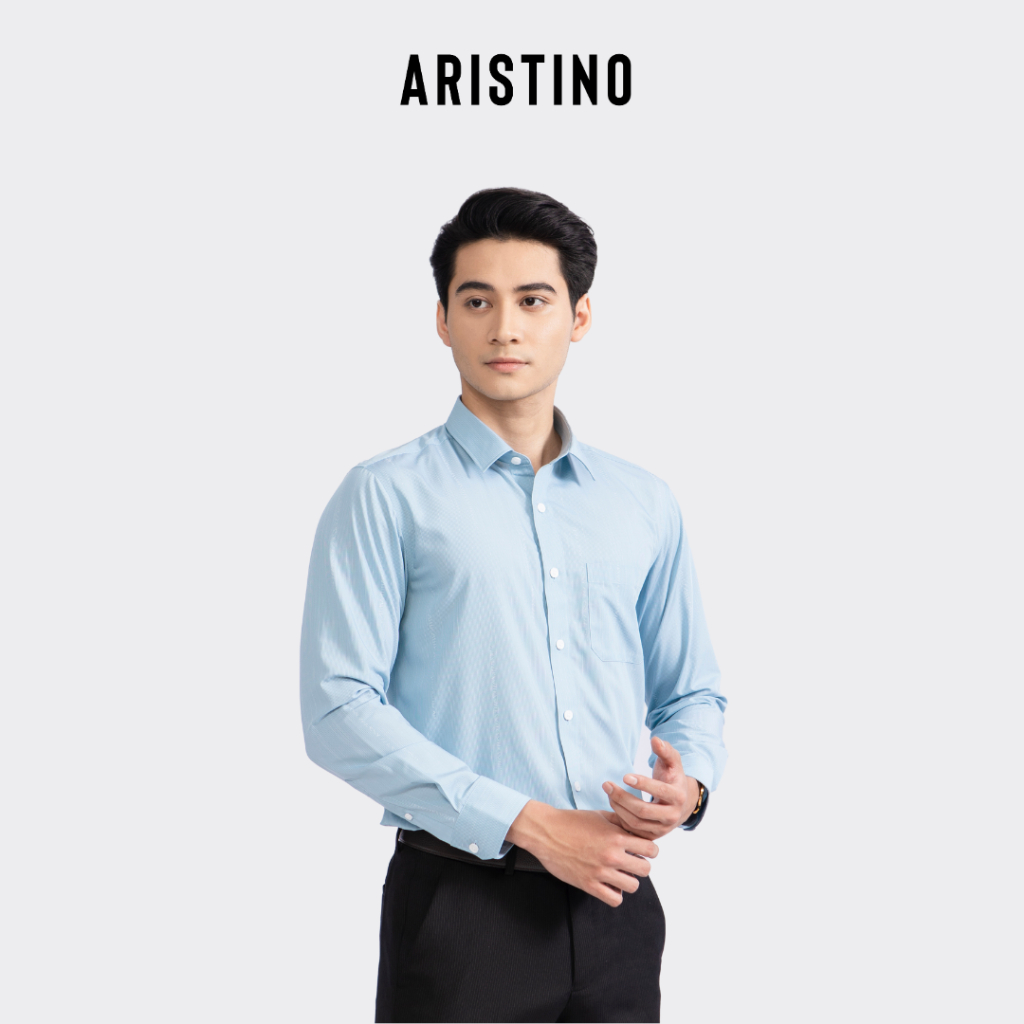 Áo sơ mi dài tay nam Aristino phom regular fit, thiết kế tà lượn, màu xanh dệt Jacquard nhã nhặn - ALS44202