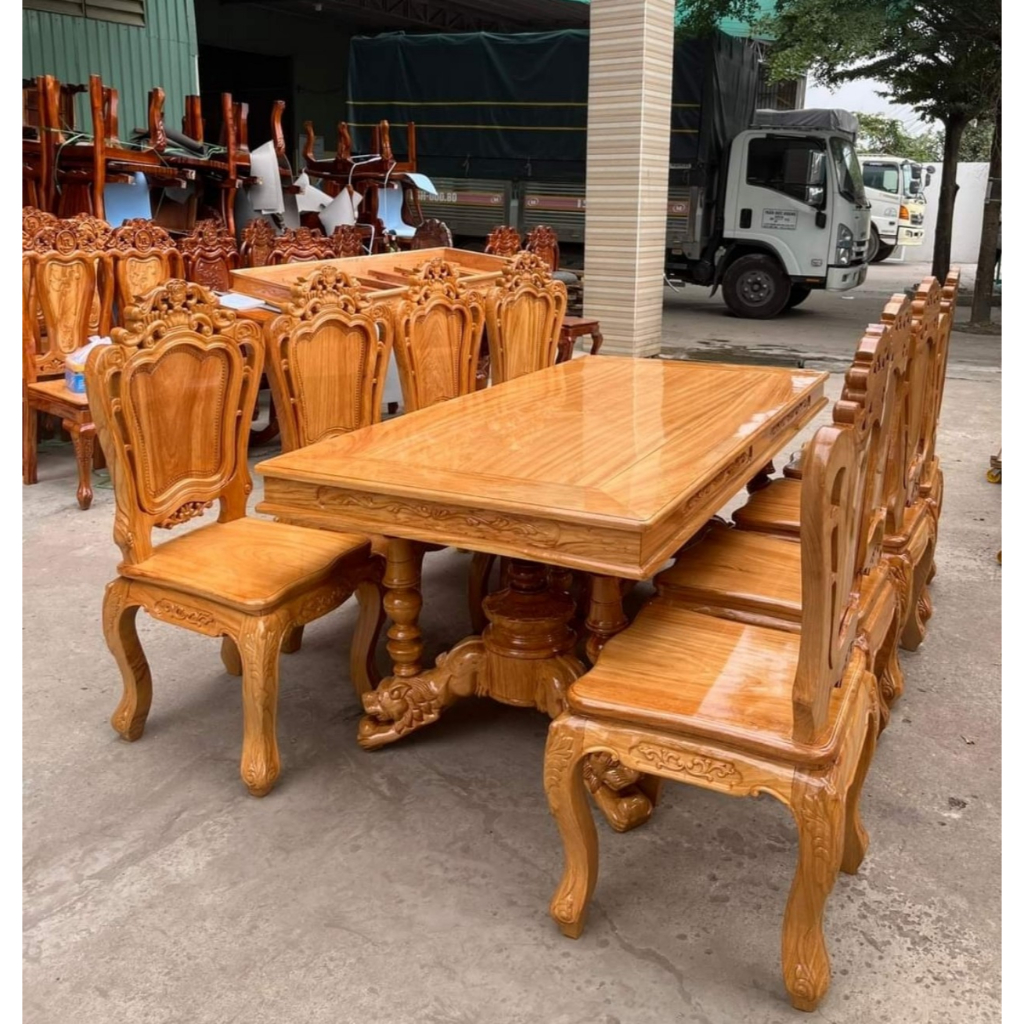 Bộ bàn ăn 8 ghế gỗ gõ đỏ chân rồng, ghế tựa kiểu nhật ( Freeship 100 km )