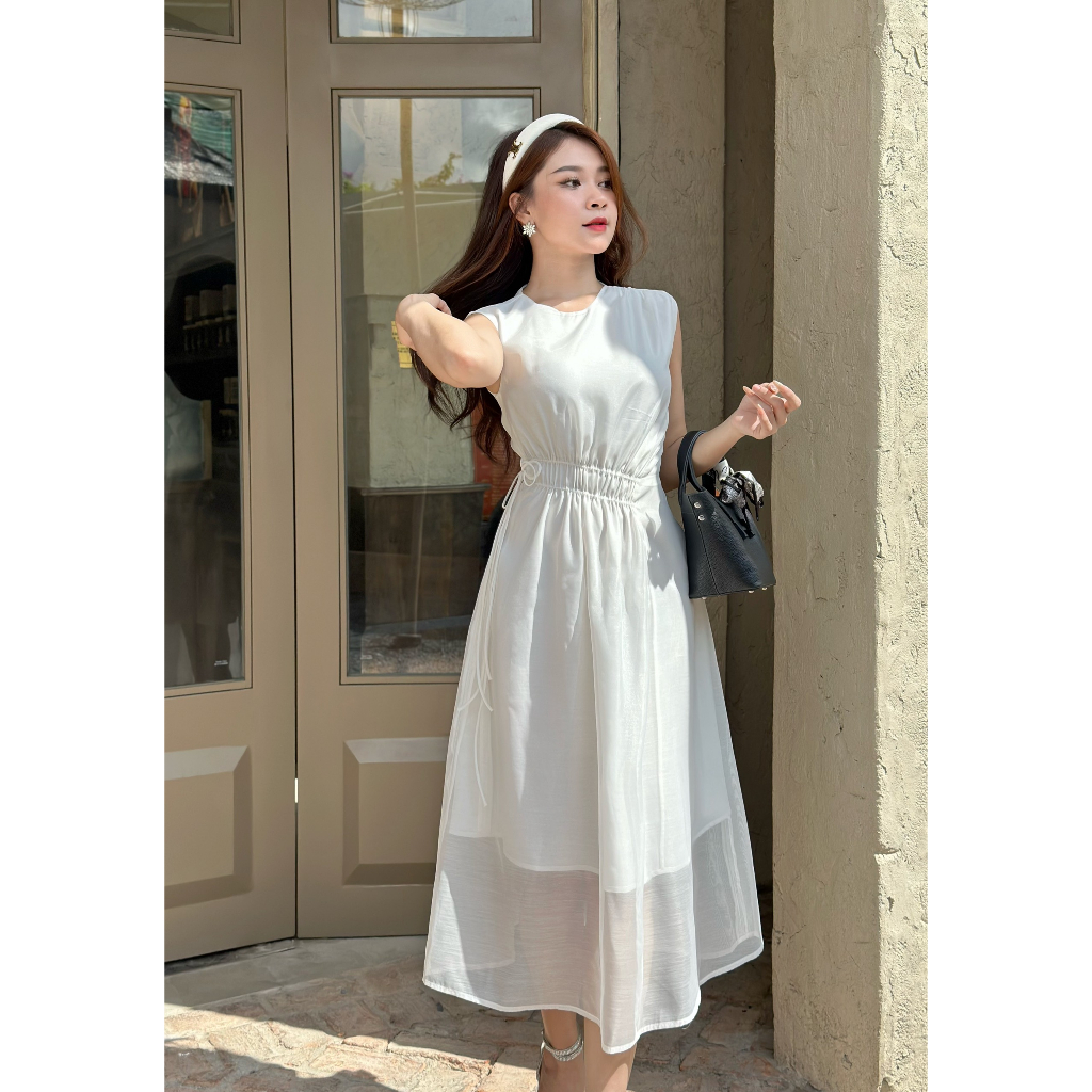 Đầm sát nách rút 2 dây eo JOVEN thiết kế thanh lịch trắng/ lá/ sen