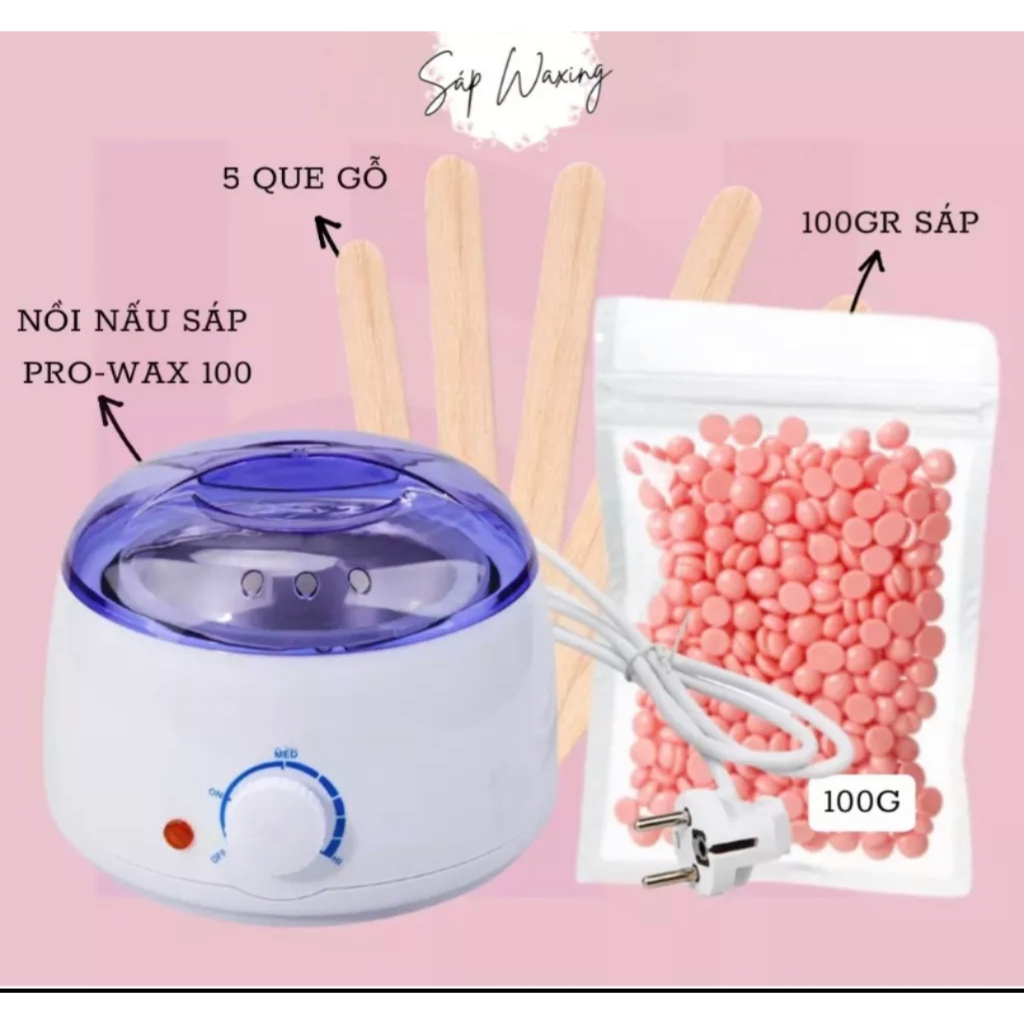 Combo Nồi Nấu Sáp Wax Lông Pro Wax 100 + 100gr Sáp Cao Cấp Tặng Kèm 5 Que Gỗ