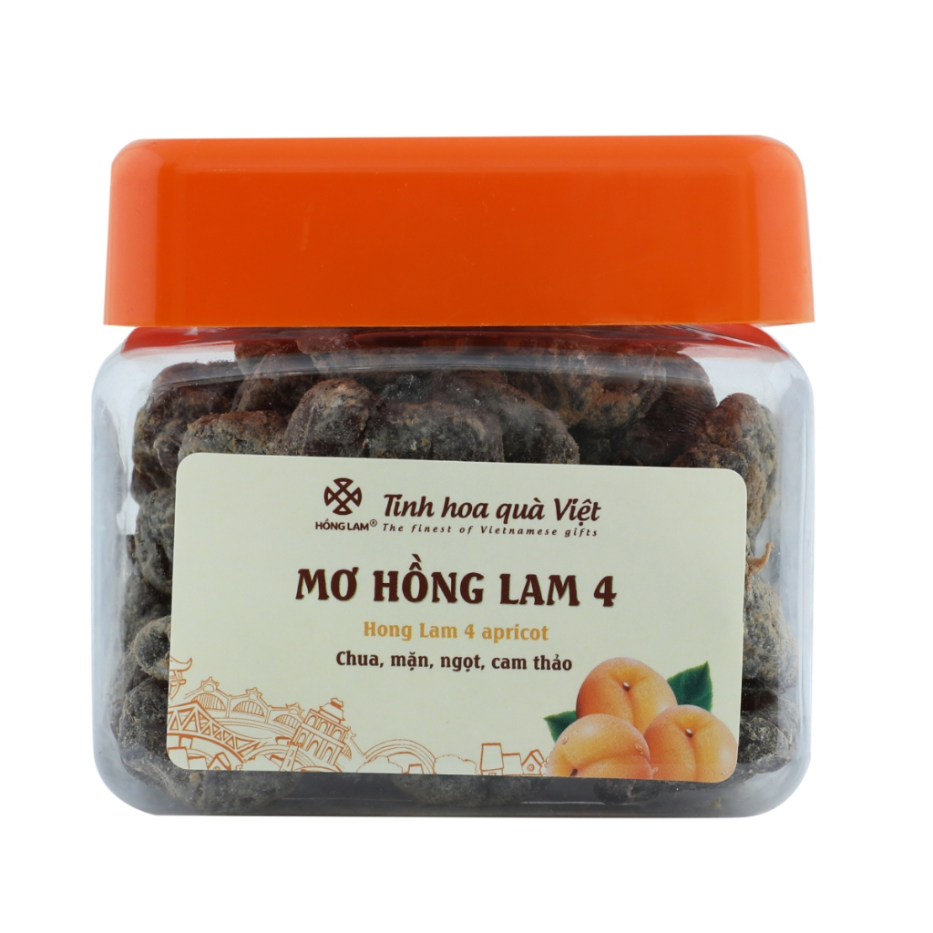 Ô mai (xí muội) mơ Hồng Lam 4. Dạng hộp (200gr, 300gr, 500gr), dòng ô mai tách hạt vị chua, ngọt của cam thảo.