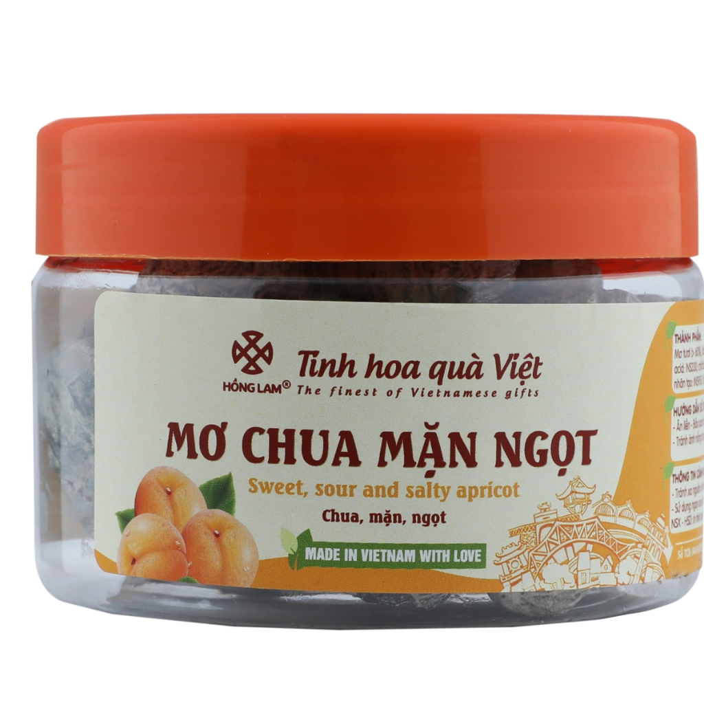 Ô mai (xí muội) mơ chua mặn ngọt Hồng Lam, dạng hộp (200gr, 300gr, 500gr), gói (300rg, 500gr). Có vị chua, mặn, ngọt