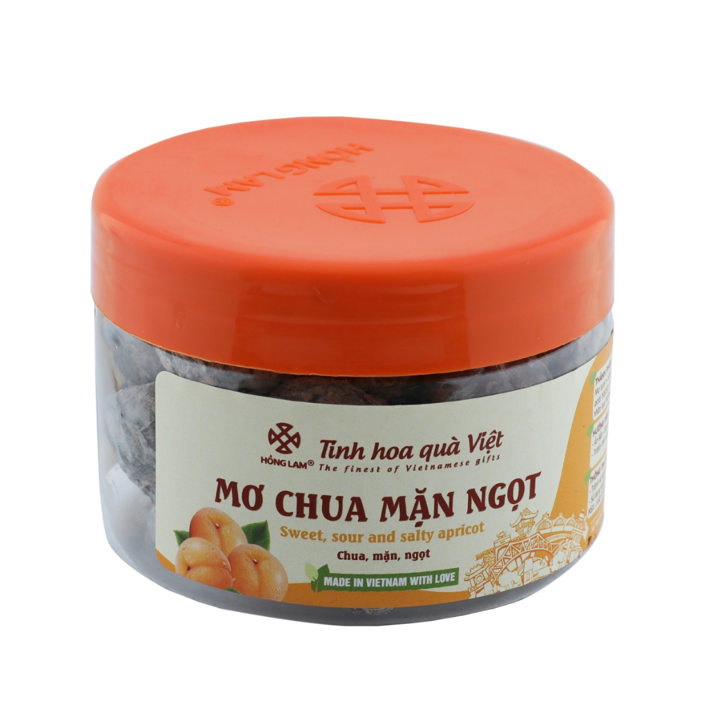 Ô mai (xí muội) mơ chua mặn ngọt Hồng Lam, dạng hộp (200gr, 300gr, 500gr), gói (300rg, 500gr). Có vị chua, mặn, ngọt