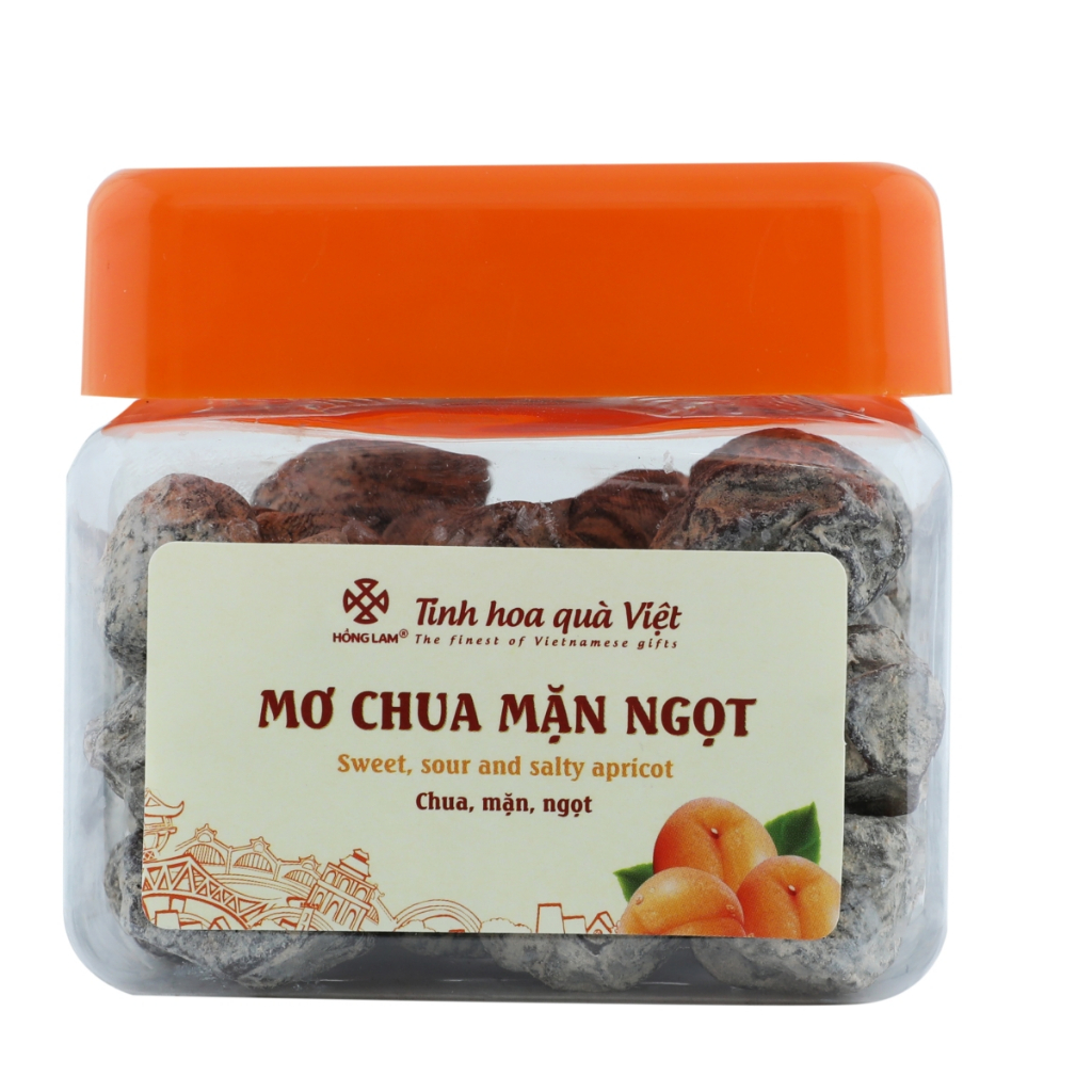 Ô mai (xí muội) mơ chua mặn ngọt Hồng Lam, dạng hộp (200gr, 300gr, 500gr), gói (300rg, 500gr). Có vị chua, mặn, ngọt