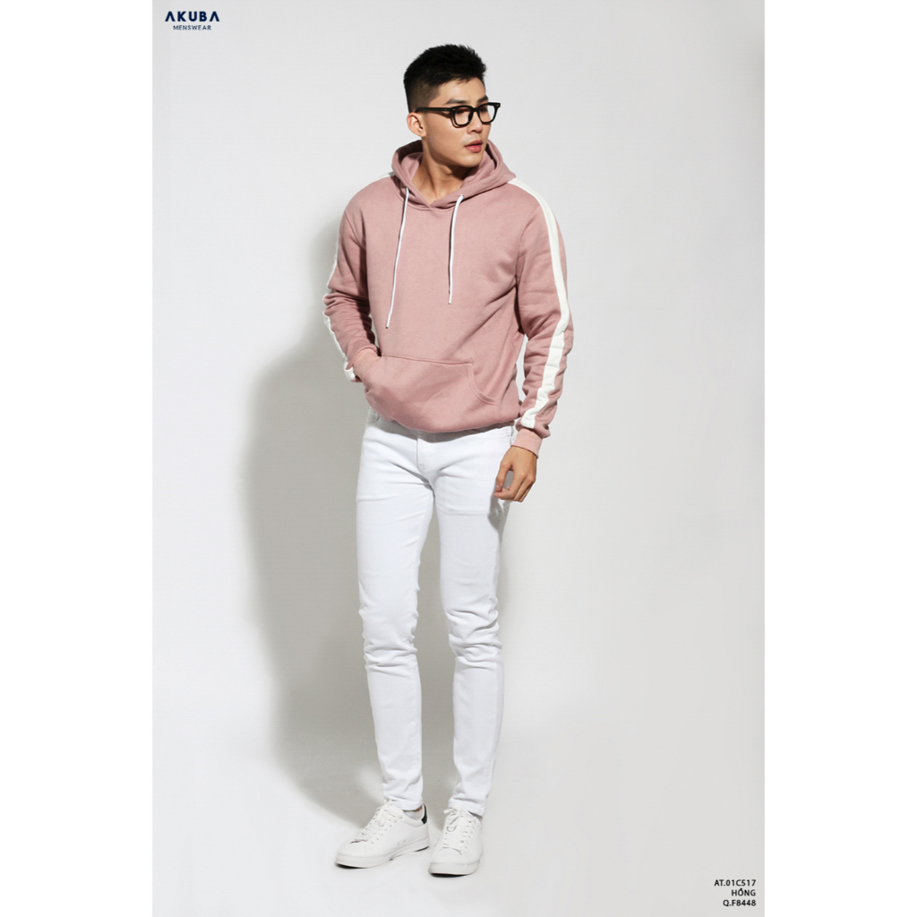 Áo khoác hoodie trơn chất nỉ Akuba họa tiết sọc tay, thể thao, năng động 01C517