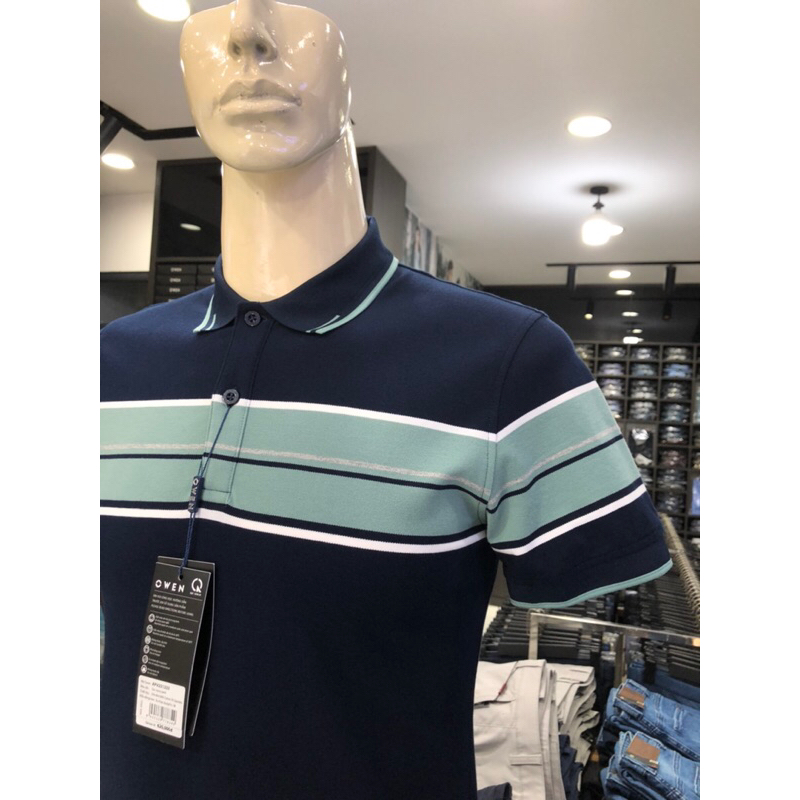 Áo polo owen màu navy kẻ ngang ngực body fit vải cotton bạc hà APV231333
