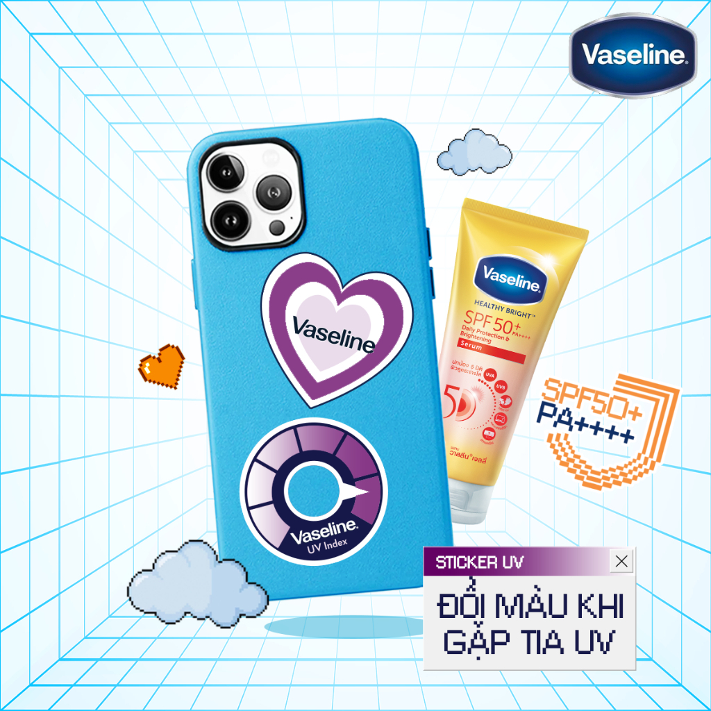 [HB Gift ] Sữa dưỡng thể Vaseline Gluta-Hya Dưỡng Da Sáng Mịn Sau 7 Ngày 70ml  và Sticker báo hiệu tia UV