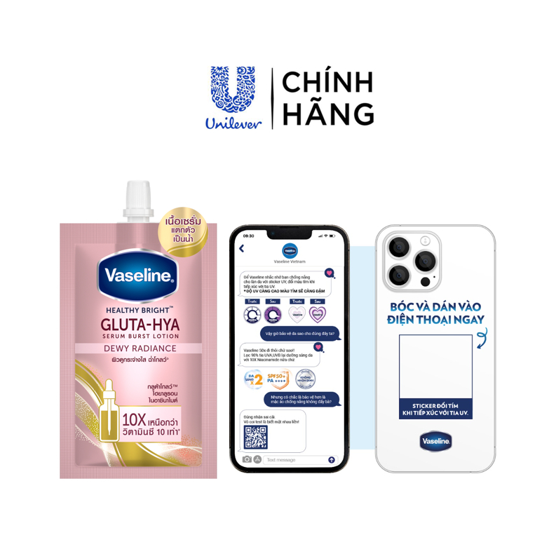 [HB Gift ] Sữa dưỡng thể Vaseline Gluta-Hya Dưỡng Da Sáng Mịn Sau 7 Ngày 30ml và Sticker báo hiệu tia UV 