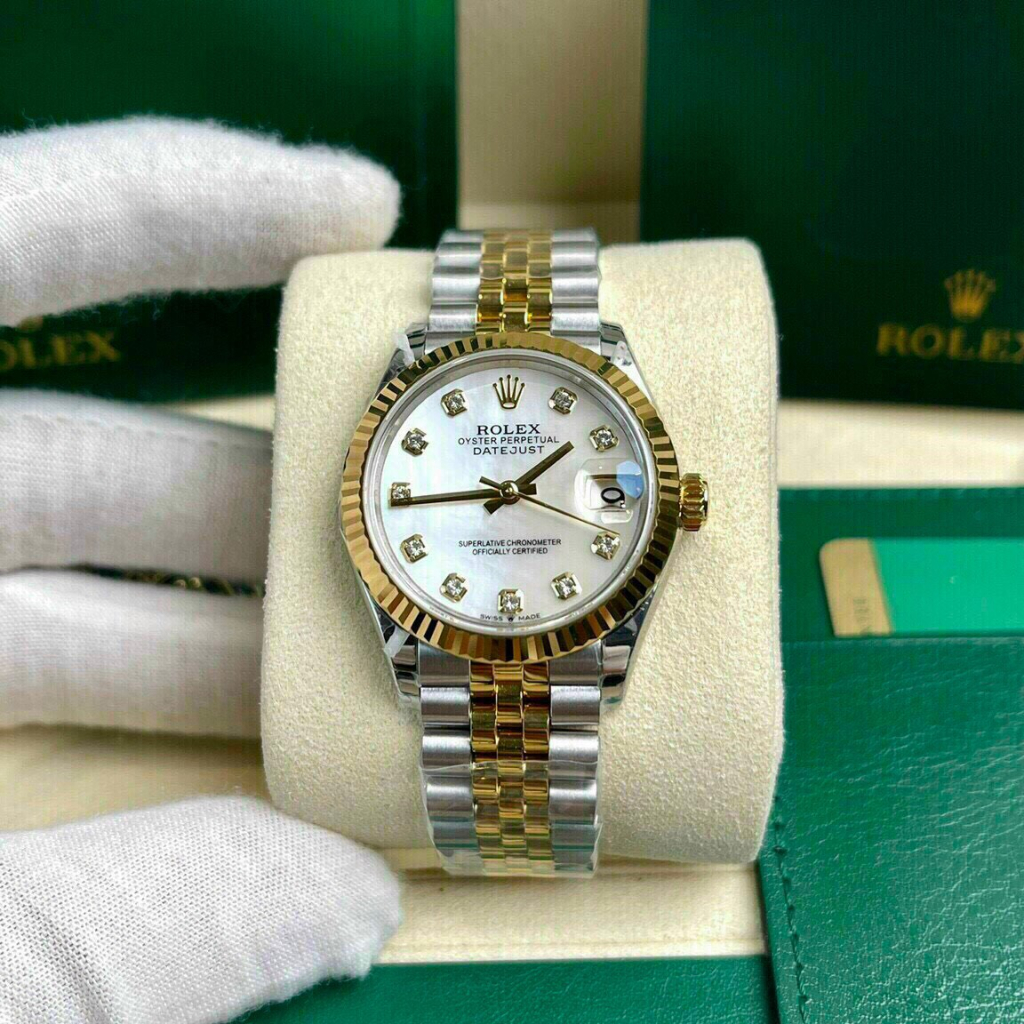 Đồng hồ Nữ Rl 3kim mặt khảm trai dây kim loại đờ mi trắng pha vàng gold máy thuy sĩ EW dòng Automatic size 31mm