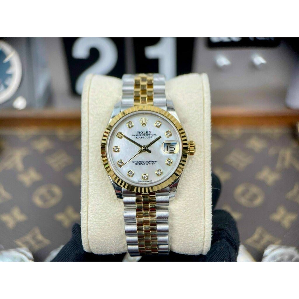 Đồng hồ Nữ Rl 3kim mặt khảm trai dây kim loại đờ mi trắng pha vàng gold máy thuy sĩ EW dòng Automatic size 31mm