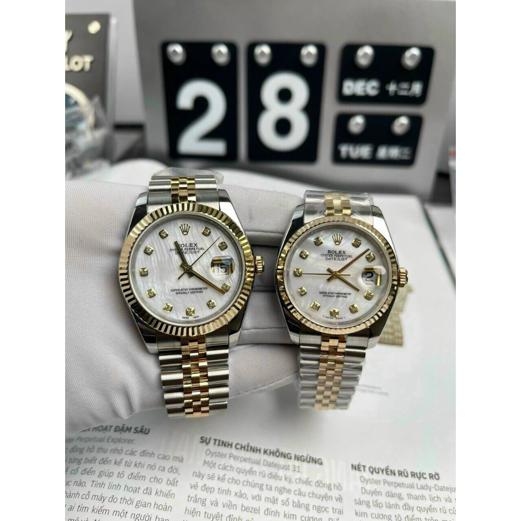 Đồng hồ Nữ Rl 3kim mặt khảm trai dây kim loại đờ mi trắng pha vàng gold máy thuy sĩ EW dòng Automatic size 31mm