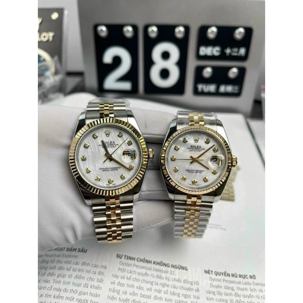 Đồng hồ Nữ Rl 3kim mặt khảm trai dây kim loại đờ mi trắng pha vàng gold máy thuy sĩ EW dòng Automatic size 31mm