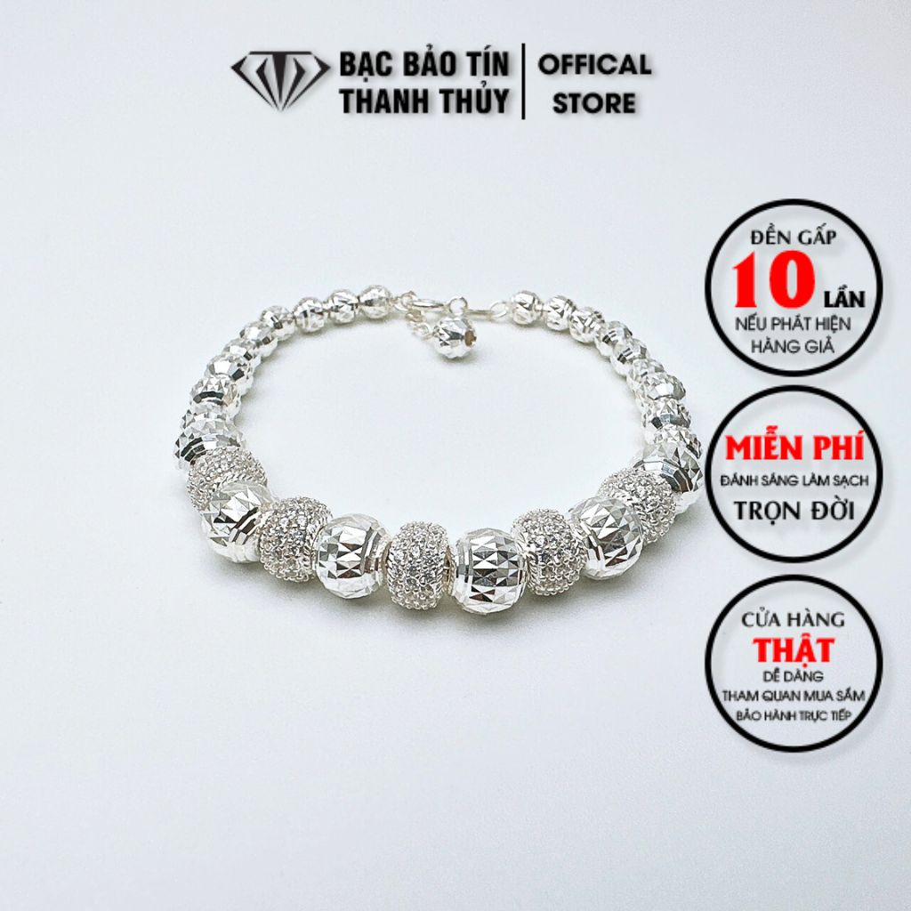 Lắc tay bạc nữ Bảo Tín Thanh Thủy, lắc bạc ta kiểu bi phay to nối cầu đá Cz trắng cao cấp, TL bạc 3.486 chỉ, dài 18cm