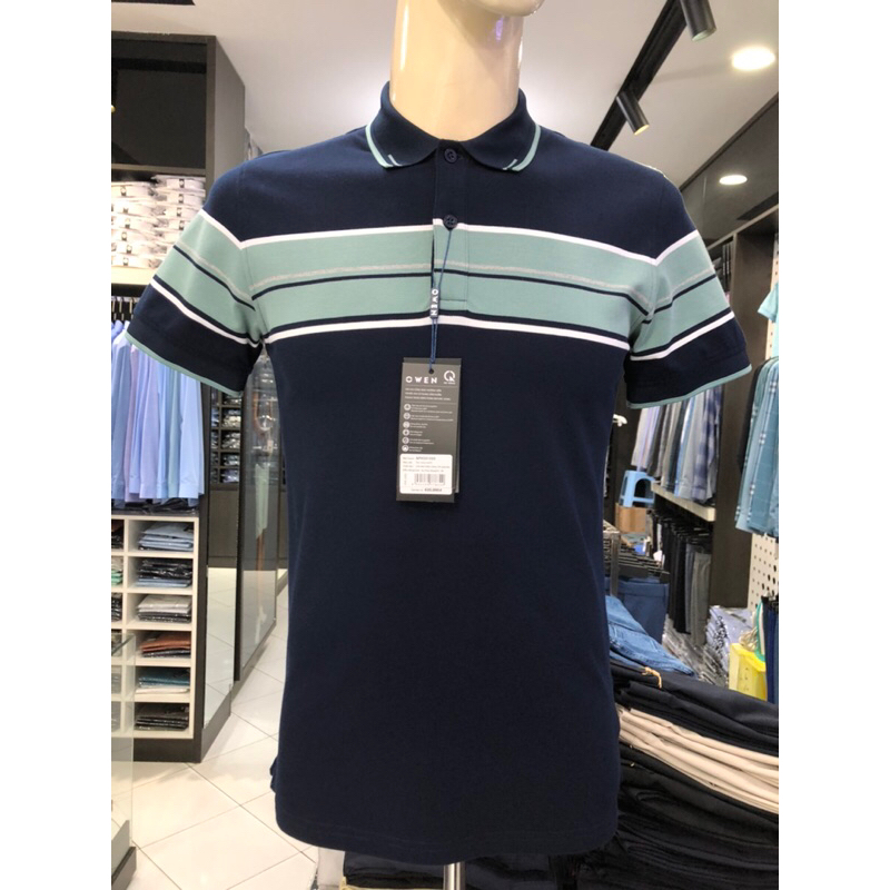 Áo polo owen màu navy kẻ ngang ngực body fit vải cotton bạc hà APV231333