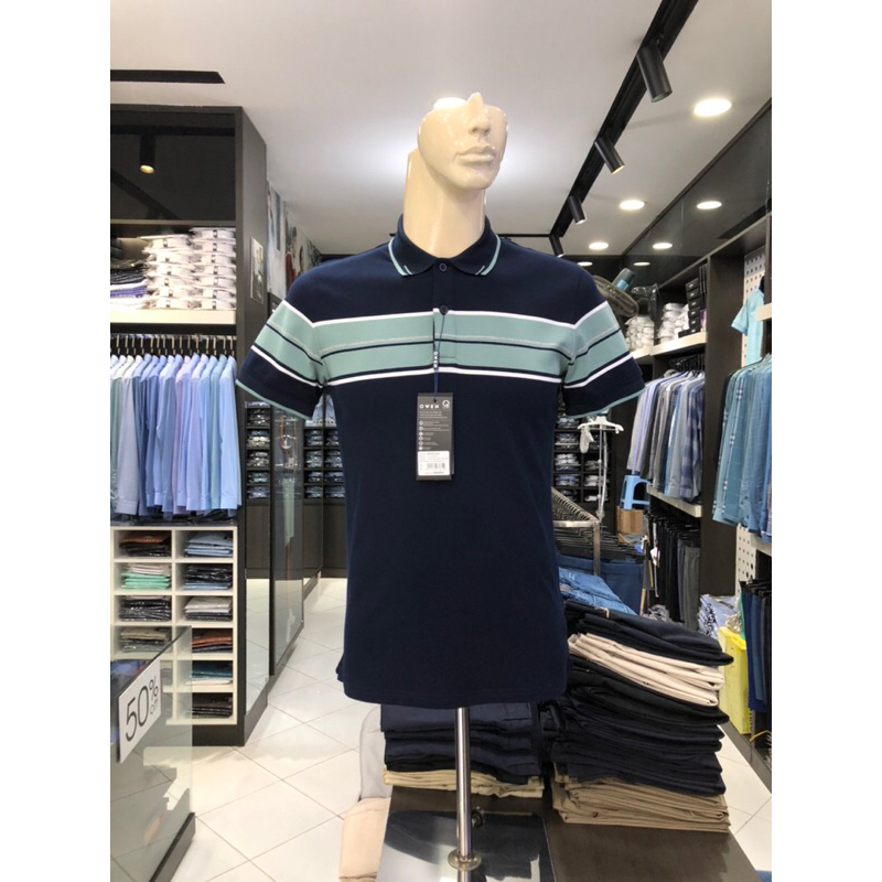 Áo polo owen màu navy kẻ ngang ngực body fit vải cotton bạc hà APV231333