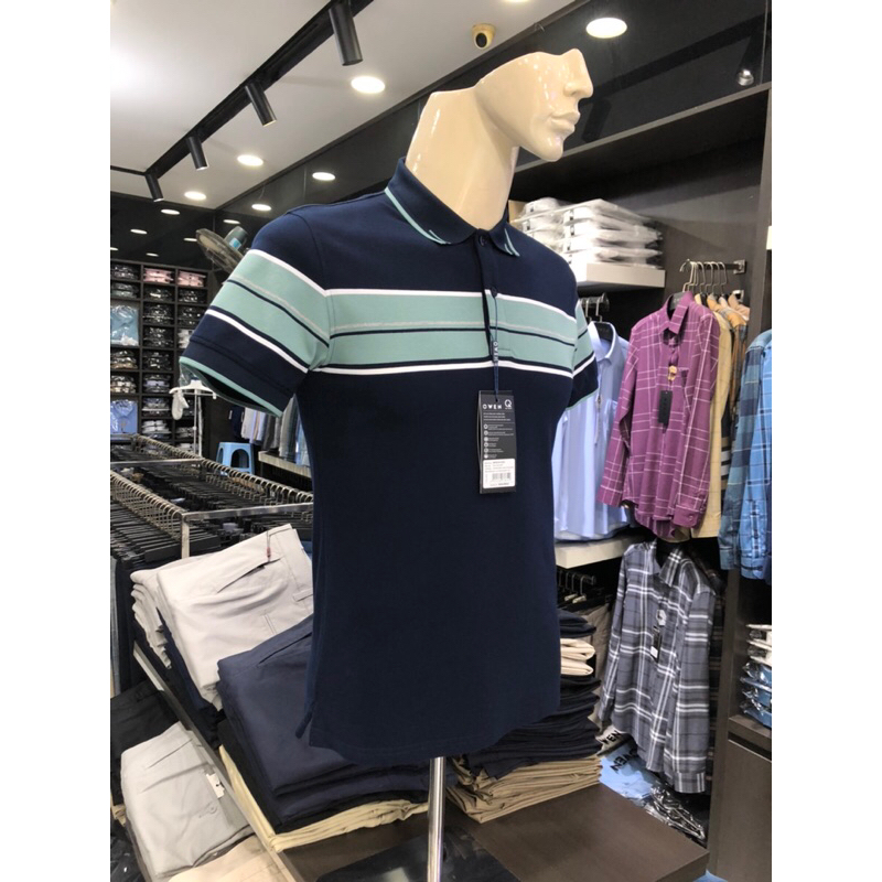 Áo polo owen màu navy kẻ ngang ngực body fit vải cotton bạc hà APV231333