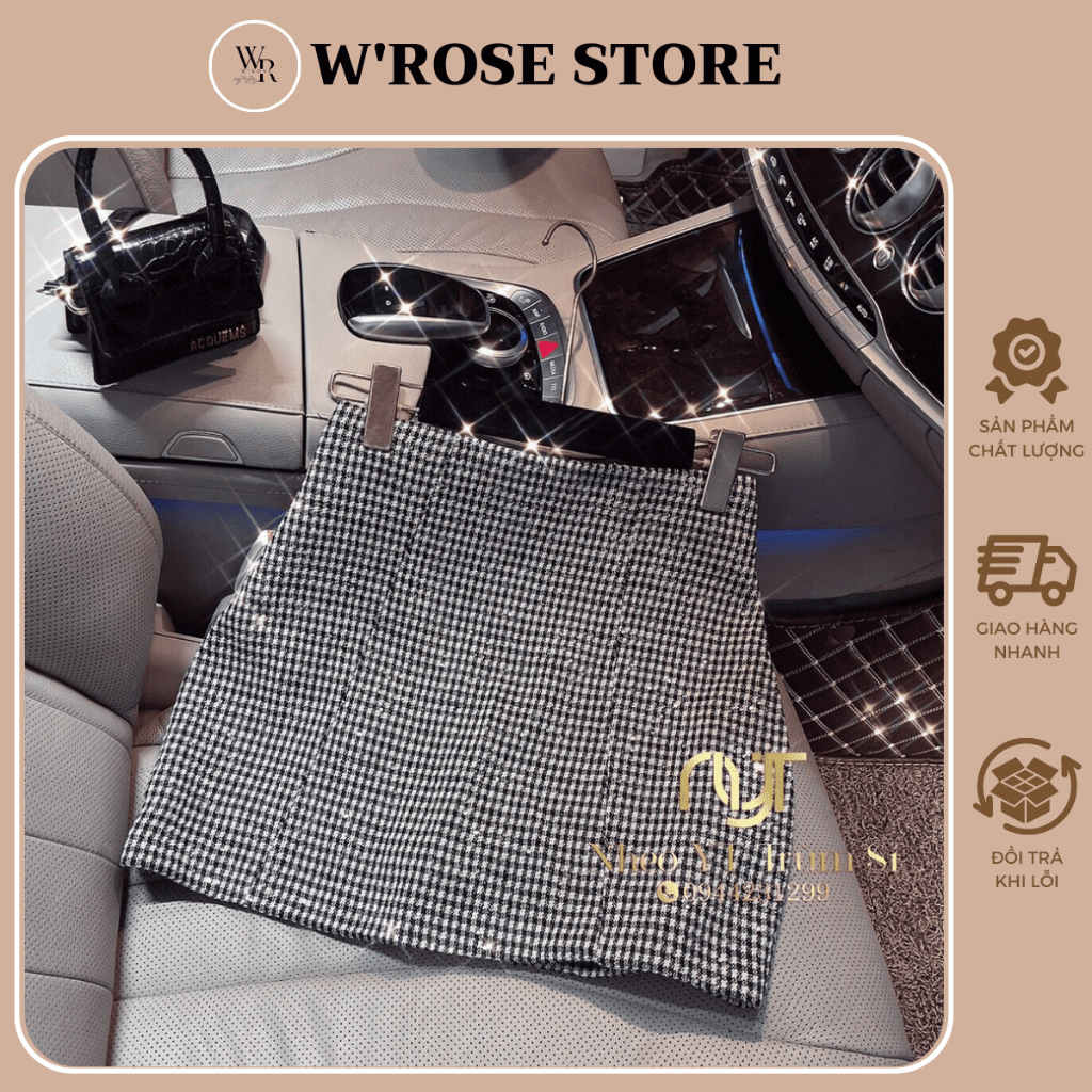 Chân váy dạ chữ A ngắn caro kẻ sọc đen trắng có lót trong - W'rose