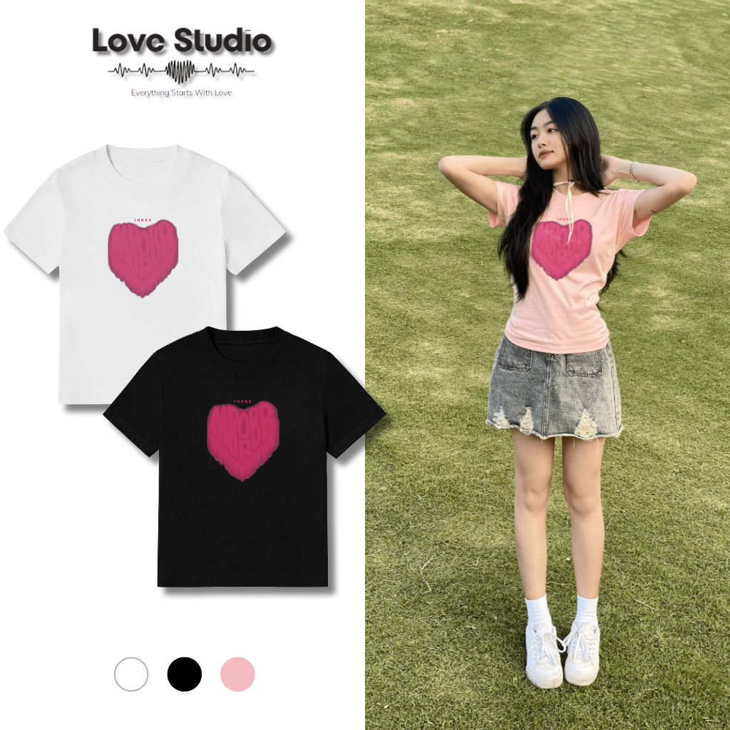 Áo thun ngắn tay baby tee nữ cotton 230gsm tim hồng chảy sơn unisex y2k B101 Love Studio | BigBuy360 - bigbuy360.vn